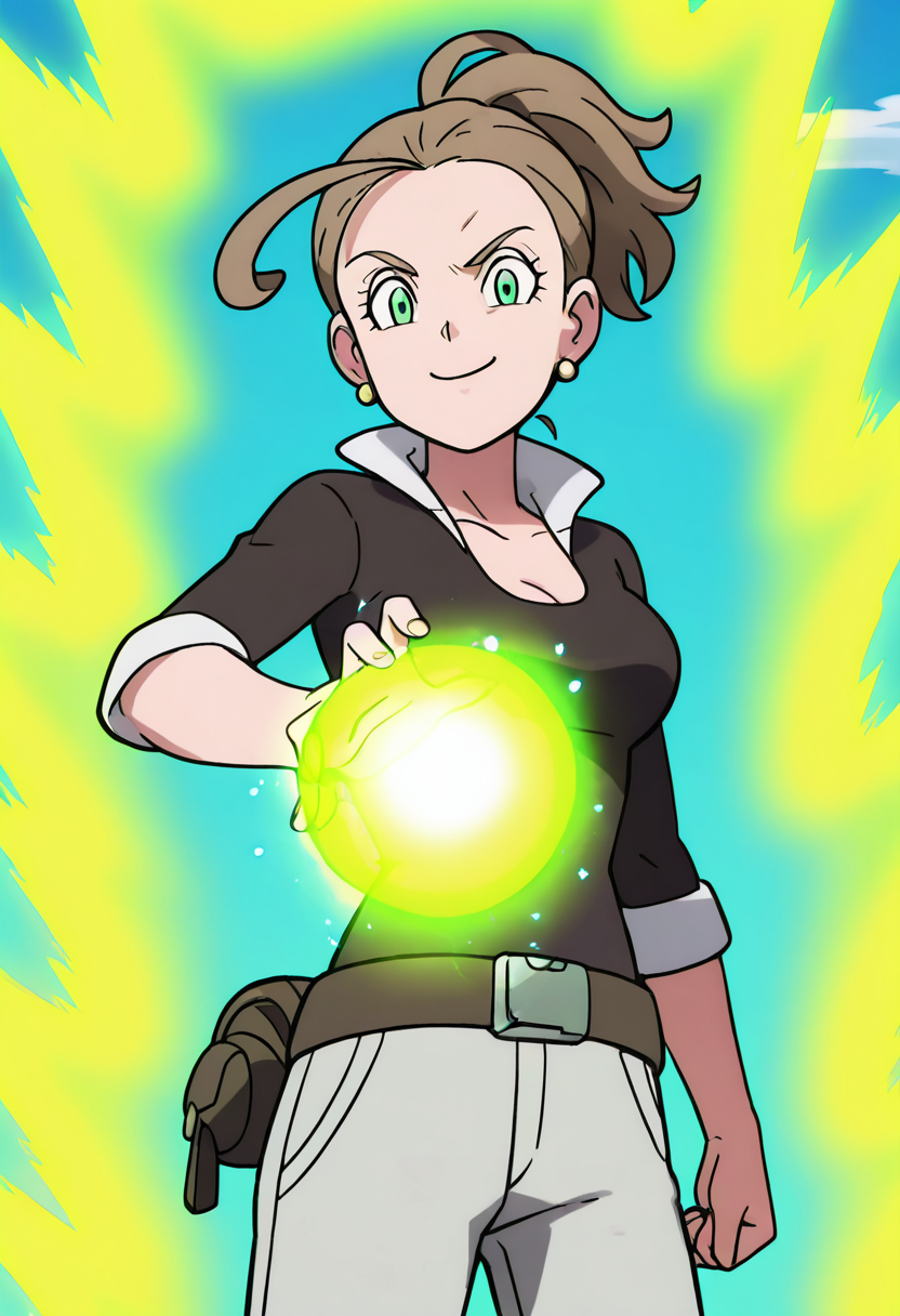 masterpiece, best quality, 1girl, solo, looking at viewer, smile,    zzAlexa, green eyes, ahoge, brown hair, ponytail, short hair, earrings, shirt, belt, pants,     <lora:AlexaPokemon_IXL_v2:1.0>, ,vivid aura, looking at viewer, blue background, smug, aura, super saiyan, charging energy, energy ball, energy, lightning, <lora:DBSBroly_Style_IXL_v2:0.6>,