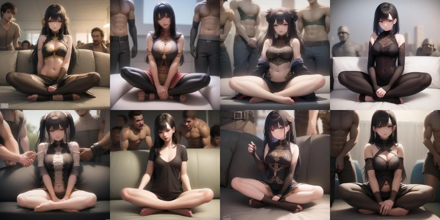 <lora:piperperrimeme_v2.0:1> blacked,
1girl, solo, sitting, couch, multiple boys,  indian style, full body,, masterpiece, best quality, highly detailed