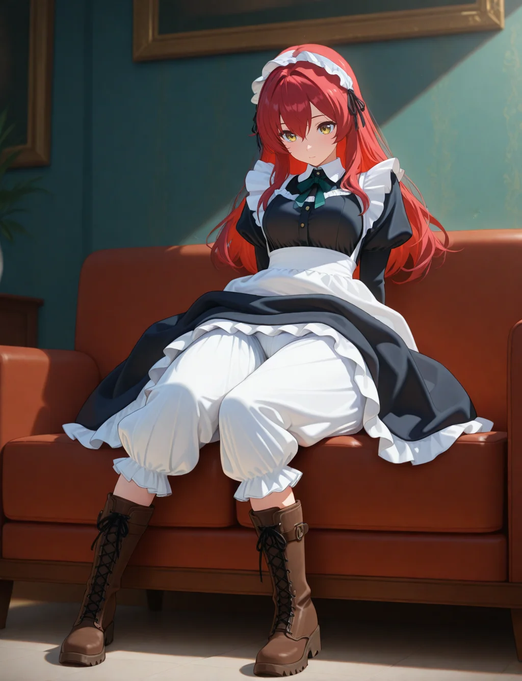 masterpiece,best quality,higres illustration,detailed face,1girl,<lora:long_bloomers_IL:1>,long bloomers,red hair,long hair,boots,maid,sitting,sofa,