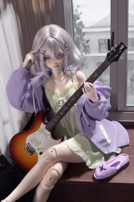 highres,absurdres,Visual impact,masterpiece,best quality,very aesthetic,newest,amazing quality,very awa,
doll joints,joints,<lora:DOLL-Style:0.8>,
\\,
(close-up:1.3),1girl,hair between eyes,long hair,(medium hair:1.1),grey hair,sidelocks,Lilac eyes,purple hairpin,light purple hooded jacket,Light green camisole,Light green dress,Pink slippers,\,sleepy,yandere,adjusting_hair,(holding electric guitar:1.1),sitting,indoors,window,crossed legs,looking at viewer,feet out of frame,