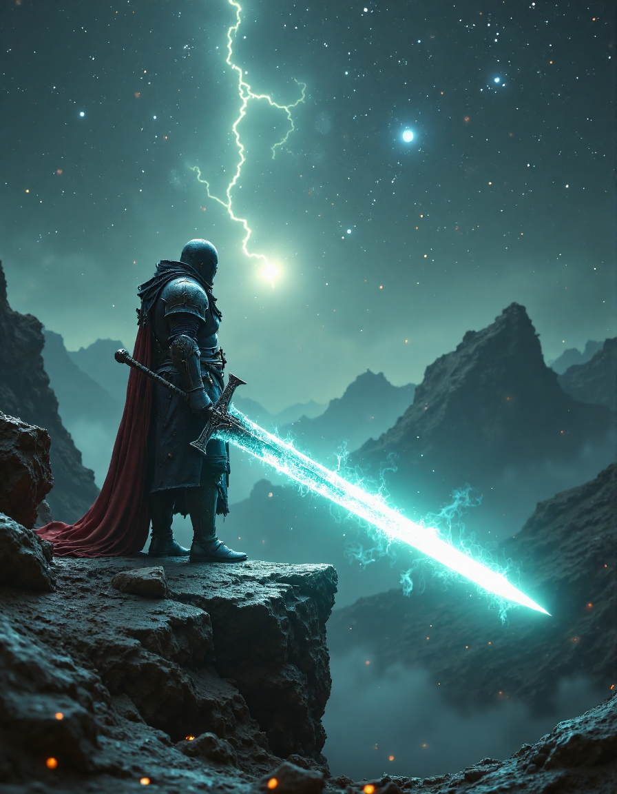 cinematic film still, A knight in armor holding a glowing colossal greatsword, dark souls style, stands on a rocky ledge, cosmos galaxy sky, ethereal atmosphere, shallow depth of field, vignette, highly detailed, bokeh, moody, epic, gorgeous, film grain, grainy, R3alisticF, <lora:FluxMythR3alisticF:1>