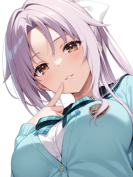 masterpiece,best quality,newest,
1girl,solo,
<lora:n_hime_ilxl_v1.5:1>,hime,brown eyes,purple hair,white hair ribbon,ponytail,h_clothes,school uniform,plaid bow,light blue cardigan,<lora:Fixhands_anime_bdsqlsz_V1:1>,white background,looking at viewer,simple background,upper_body,looking_at_viewer,:o,smile,naughty_face,dynamic_angle,cinematic_angle,dutch angle,cowboy_shot,front view,light_blush,finger to mouth,portrait,