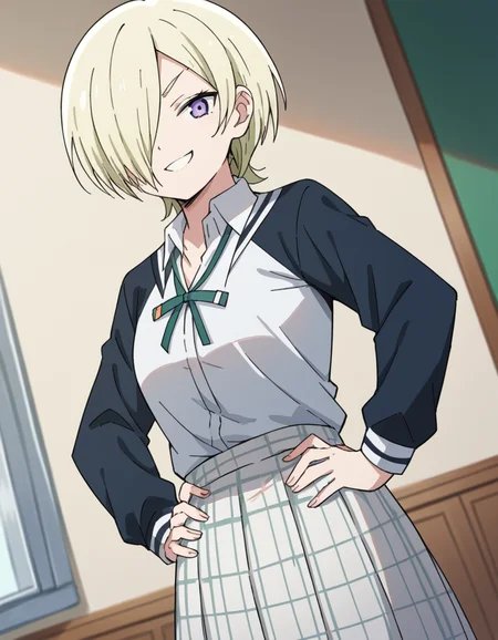 score_9, score_8_up, score_7_up, source_anime, <lora:mia-taylor-s2-ponyxl-lora-nochekaiser:1>, mia taylor, short hair, blonde hair, purple eyes, hair over one eye,, skirt, shirt, ribbon, school uniform, collared shirt, plaid, black shirt, neck ribbon, plaid skirt, white skirt, jacket, checkered skirt, nijigasaki academy school uniform,, indoors, smug, smile, looking at viewer, solo, hands on hips,, cowboy shot, dutch angle