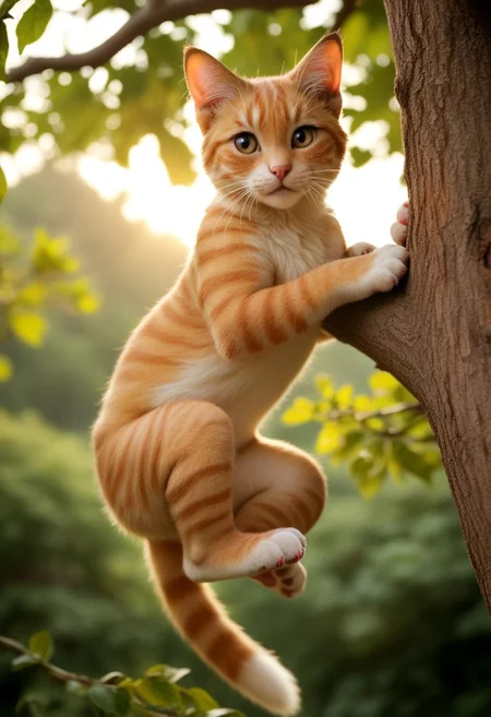 score_9, score_8_up, score_7_up, realistic, source_real, source_photo, 
A cute tabby kitten climbing a tree, village, Natural lighting, golden hour,