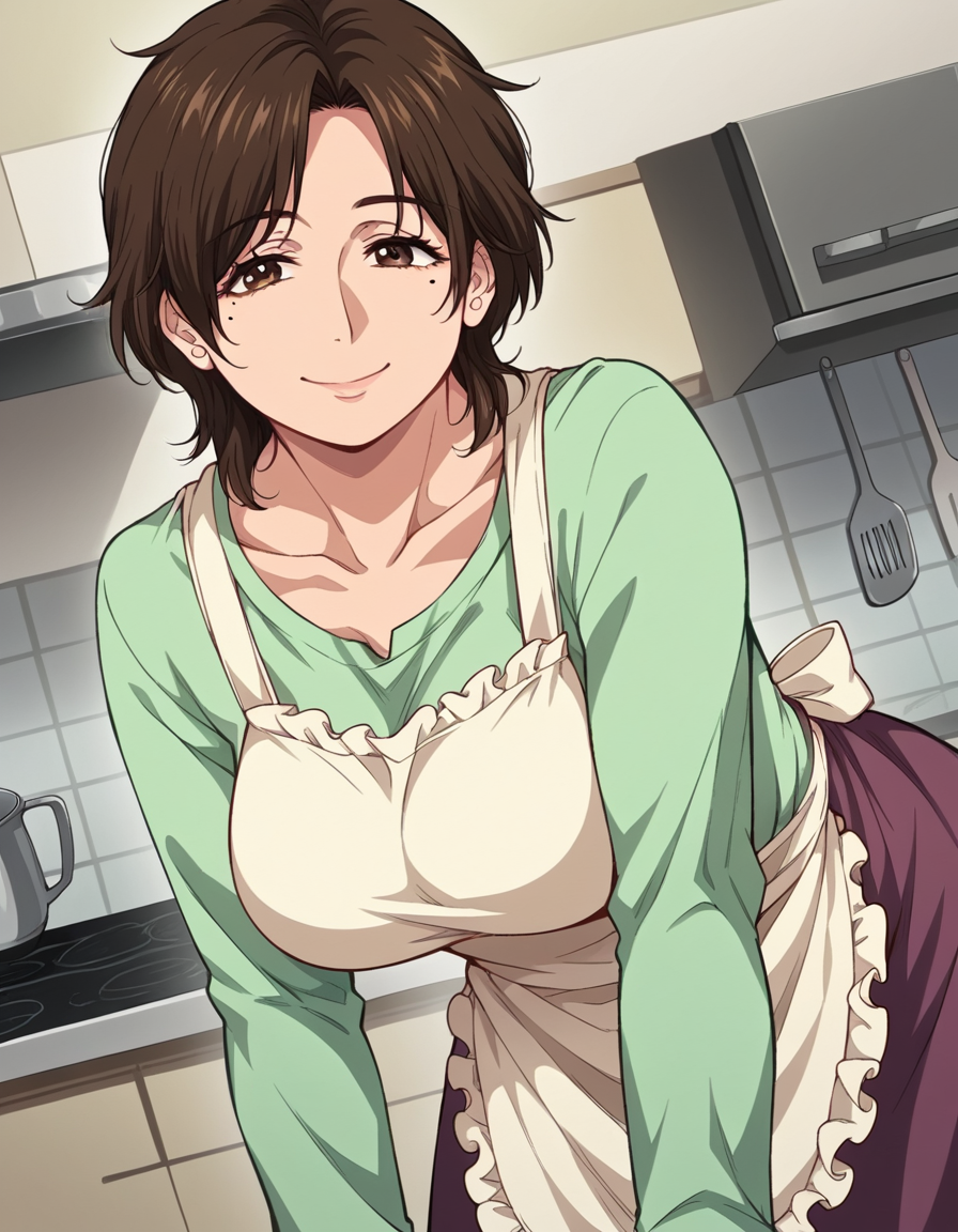 score_9, score_8_up, score_7_up, source_anime,
bokunoshiranaihahasaori, <lora:boku-no-shiranai-haha-saori-manga-ponyxl-lora-nochekaiser:1>,
saori, short hair, large breasts, brown hair, brown eyes, mole, mole under eye, mature female, parted bangs,
apron, frilled apron, shirt, long sleeves, green shirt, collarbone, skirt,
indoors, kitchen, bent over, smile,
cowboy shot, solo, dutch angle, looking at viewer,