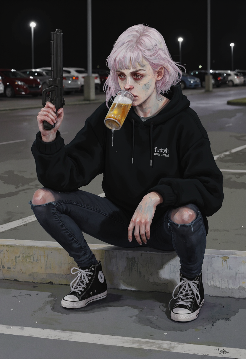 Watercolor painting of young woman blonde hair emo haircut with long bangs, sipping a can of beer with one hand, aiming a handgun, freckles, bored, wearing baggy hoody, skinny ripped jeans, high top sneakers, outdoors parking lot at night background