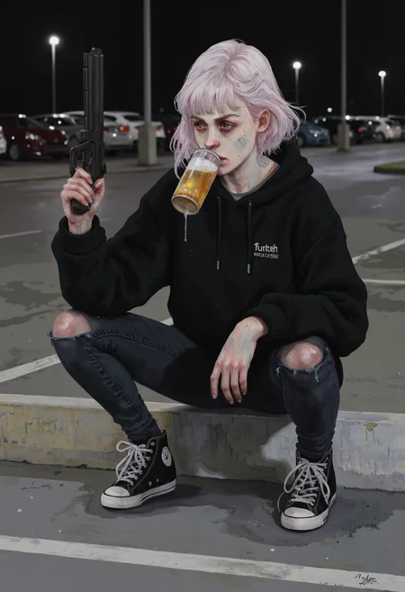 Watercolor painting of young woman blonde hair emo haircut with long bangs, sipping a can of beer with one hand, aiming a handgun, freckles, bored, wearing baggy hoody, skinny ripped jeans, high top sneakers, outdoors parking lot at night background