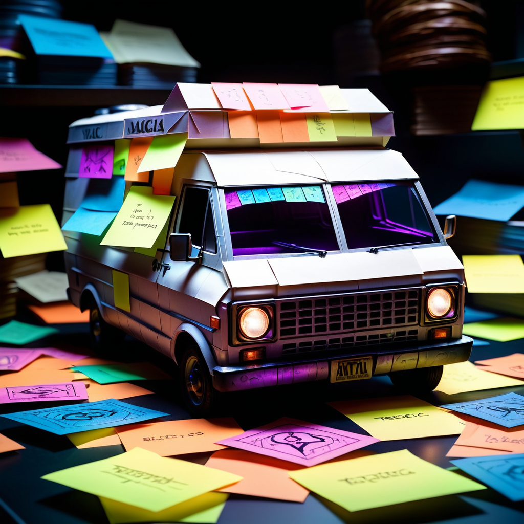 magic the gathering artwork of a Utility van, moody lighting, Velvia, ethereal, Jed-StickyN, <lora:StickyNotesStyle:1>, contemporary fine detail, great light, vibrant, highly contrasted, intricate, beautiful detailed, theatrical, extremely stylish, ambient atmosphere, winning