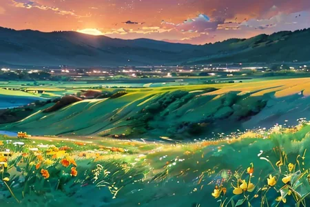green plain, sunset, golden hour, landscape, ultra detailed, flowers,