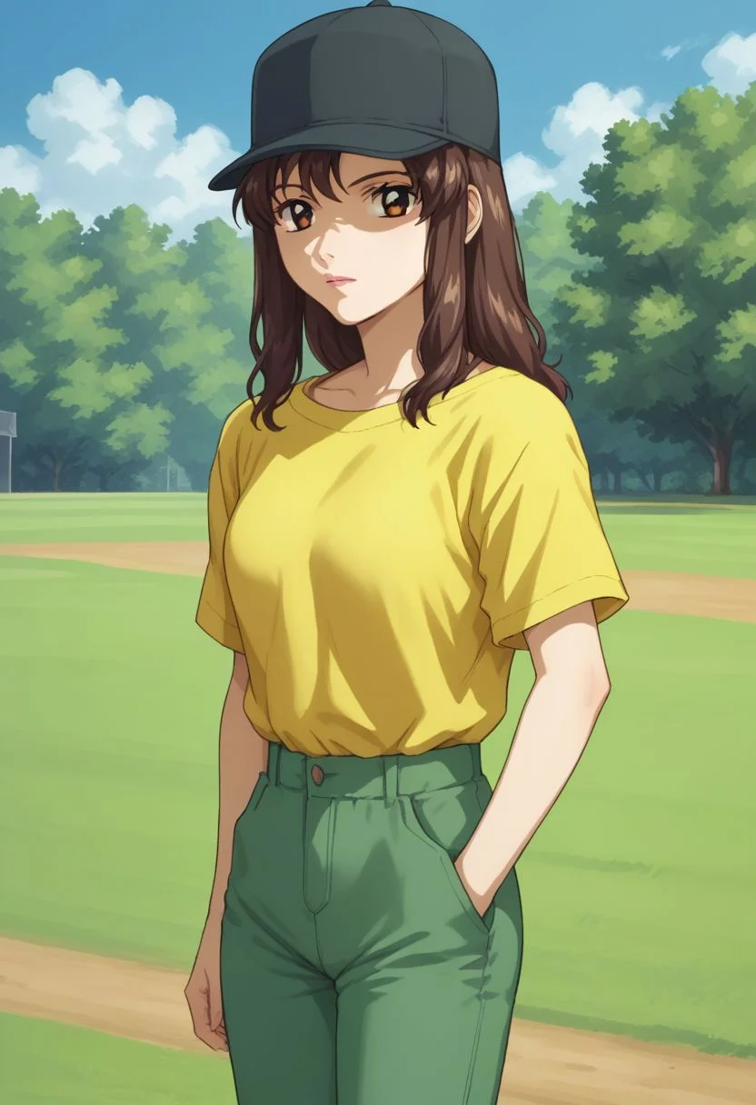 score_9, score_8_up, score_7_up, source_anime,
murrue, 1girl, hat, brown hair, brown eyes, solo, baseball cap, yellow shirt, pants, green pants,
outdoor,