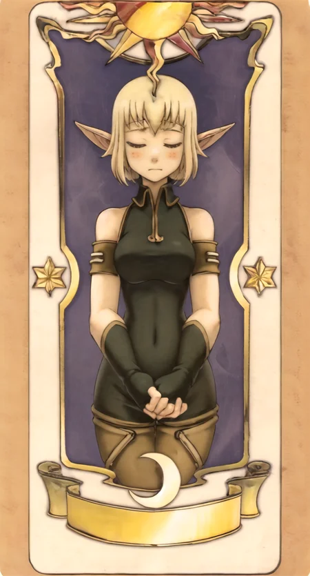 masterpiece, best quality, evangelyneold, 1girl, elf, black gloves, blonde hair, blush, elf, fingerless gloves, gloves, pointy ears, short hair, closed eyes, card, solo, tarot <lora:Evangelynev1:0.85> <lora:clowCardCardcaptor_v2:0.8>
