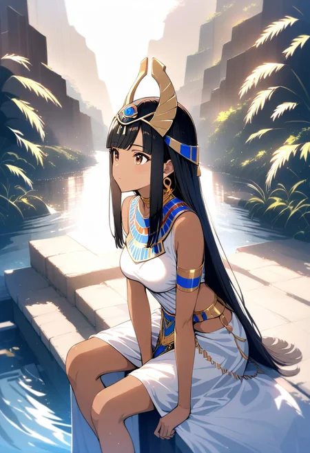 girl,  black hair, brown eyes, portrait shot, long hair, straight hair, side swept bangs, medium breasts, perfect eyes, 8k, highest quality, ultra details,1girl, solo, perfect brown eyes ,long black hair, small braids,blunt bangs, tan skin, brown skin,long white linen sheeth dress, blue pleated cape, ancient egyptian dress, gold falcon headpiece, egyptian necklace, gold waist chain, gold earrings, sitting on temple steps, next to the river nile, looking to the distance, barefoot, reeds growing by the river, steps leading to the water, warm lighting, 
BREAK, masterpiece, best quality, amazing quality, girl, black hair, brown eyes, long hair, straight hair, side swept bangs, medium breasts, perfect eyes, 8k, highest quality, ultra details,