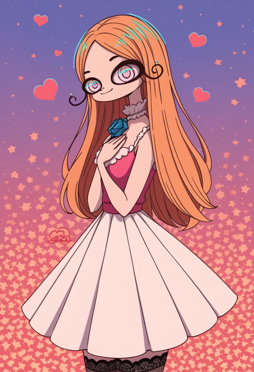 score_9, score_8_up, score_7_up,
masterpiece, best quality, detailed, amazing quality,
detailed background,
solo, 1girl, dress, stockings, looking to the side, cute, lovely, easynegative, closeup, flat colors, defined lines, colourful, fancy, frilly, lace, portrait, smiling