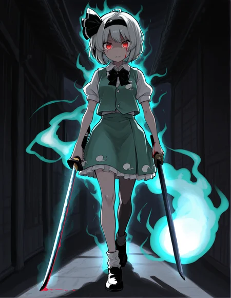 1girl, Youmu Konpaku, silver hair, red eyes, aquamarine vest, aquamarine skirt, white shirt, black bowtie, hairband, black ribbon, holding katana, walking, bleeding hand, looking at viewer, (angry:0.69), BREAK , best quality, highres, extremely detailed, thick lines, dark atmosphere, shadowy aura, glowing aura, full body <lora:HBRSK_LR3e-4T3e-564dim_4ks:1.05>