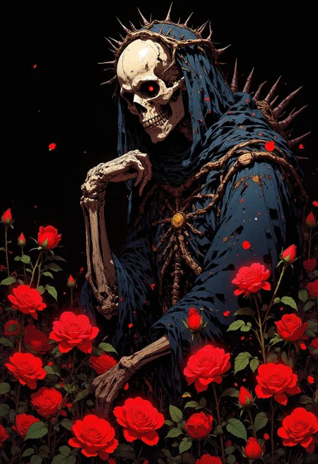 a skeletal figure, adorned with thorny crown and draped in dark fabric, standing amidst a sea of vibrant red roses. The figure, shrouded in mystery, is in a state of deep contemplation, evoking a powerful atmosphere of gothic romance and macabre beauty. The background is a deep black, providing a stark contrast to the vivid red roses and the intricately detailed skull. The high-resolution image showcases a masterful blend of grunge and splatter effects, with a focus on the central figure that draws the viewer into its dark, cinematic world., dark fantasy, cinematic, CAICO
