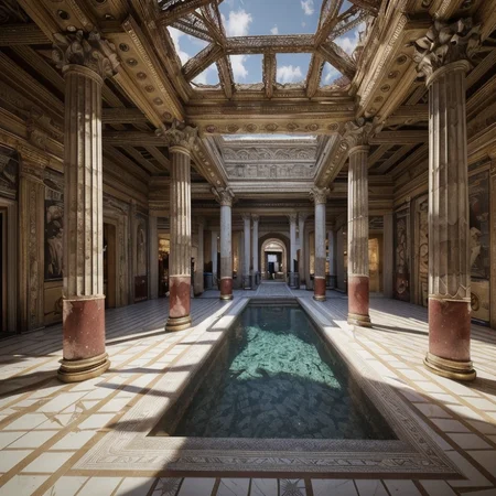 (masterpiece:1.2), (best quality,:1.2), 8k, HDR, ultra detailed, ((photorealistic)), professional light, cinematic lighting, fashion photography, ambient lighting, face lighting, <lora:detail_slider_v4:1>, Fantasy picture, OverallDetail, ancient roman room with columns and a skylight above it and a pool in the middle of the room with a blue floor, RomInt, <lora:RomanInterior-10:1>, epiCPhoto