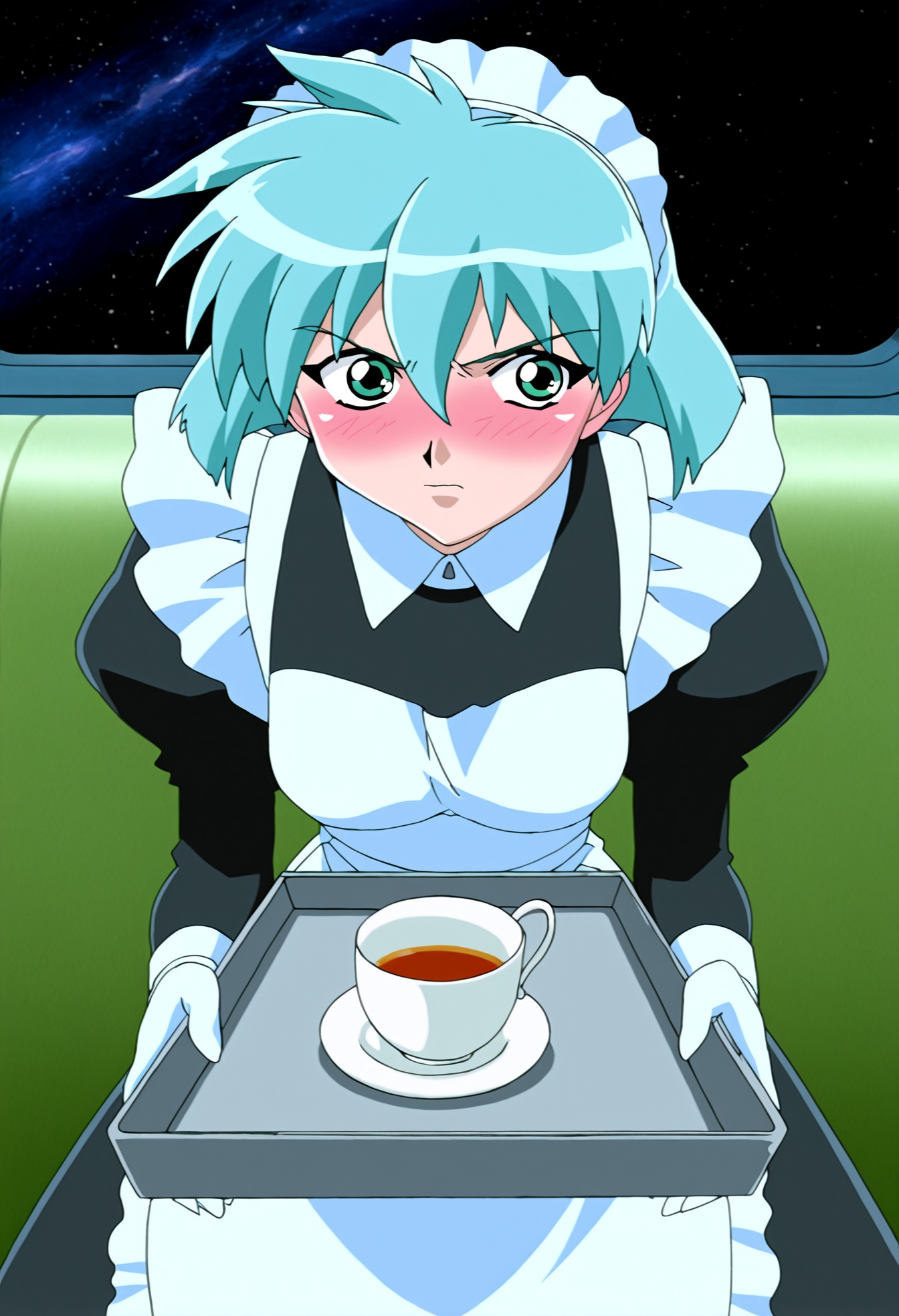 high quality, highres, retro artstyle, 1girl, meia gisborn,  solo,green eyes, looking away, hair between eyes, blue hair, short hair, aqua hair,  indoors, space,maid, maid apron, maid headdress, holding tray, tea, blush, embarrassed, angry, pov,