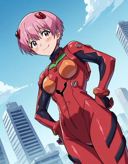 score_9, score_8_up, score_7_up, source_anime, <lora:inca-kasugatani-s2-ponyxl-lora-nochekaiser:1>, inca kasugatani, short hair, pink hair, pink eyes, medium breasts,, <lora:souryuu-asuka-langley-cosplay-ponyxl-lora-nochekaiser:1>, souryuuasukalangleycosplay, souryuu asuka langley (cosplay), bodysuit, pilot suit, plugsuit, red bodysuit, interface headset,, cityscape, smile, blush, hands on hips,, , dutch angle, cowboy shot