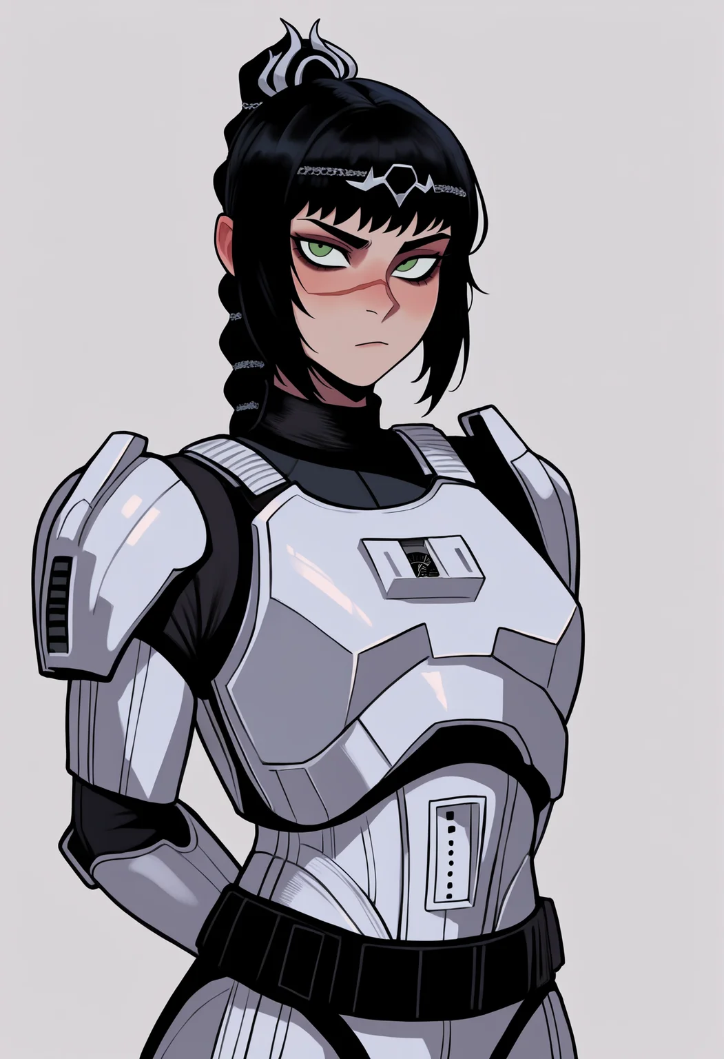best quality, amazing quality, very aesthetic, absurdres,
1girl, shadowheart, black hair, braided ponytail, green eyes, scar on face,
stormtrooper, armor, pants,
upper body,
arms behind back,
solo, looking at viewer, simple background, white background, <lora:ShadowHeartIllustrious_byKonan:0.8>, <lora:StormtrooperNoobXL_byKonan:1>