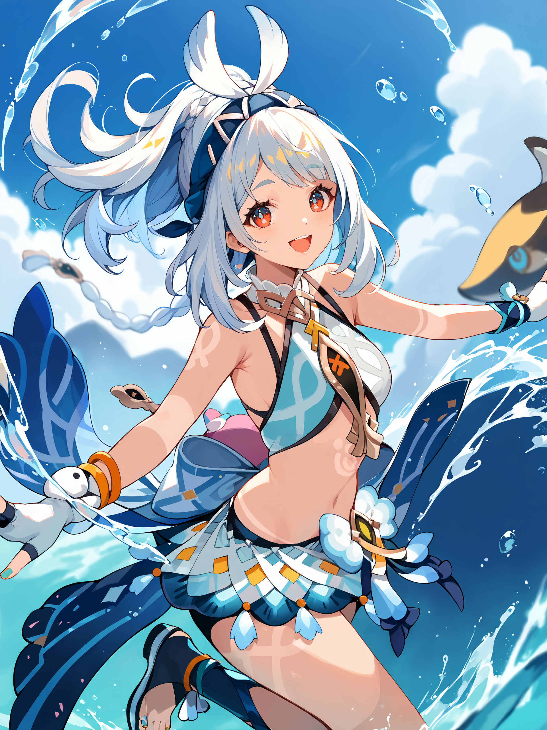 1girl, mualani \(genshin impact\), fingerless gloves, nail polish, crop top, bow hairband, sarong, waist bow, bodypaint, looking at viewer, smile, open mouth, cowboy shot, floating, midair, splashing, water, depth of field <lora:Char-Genshin-Mualani-V1-Pony:0.9>, score_9, score_8_up, score_7_up, source_anime