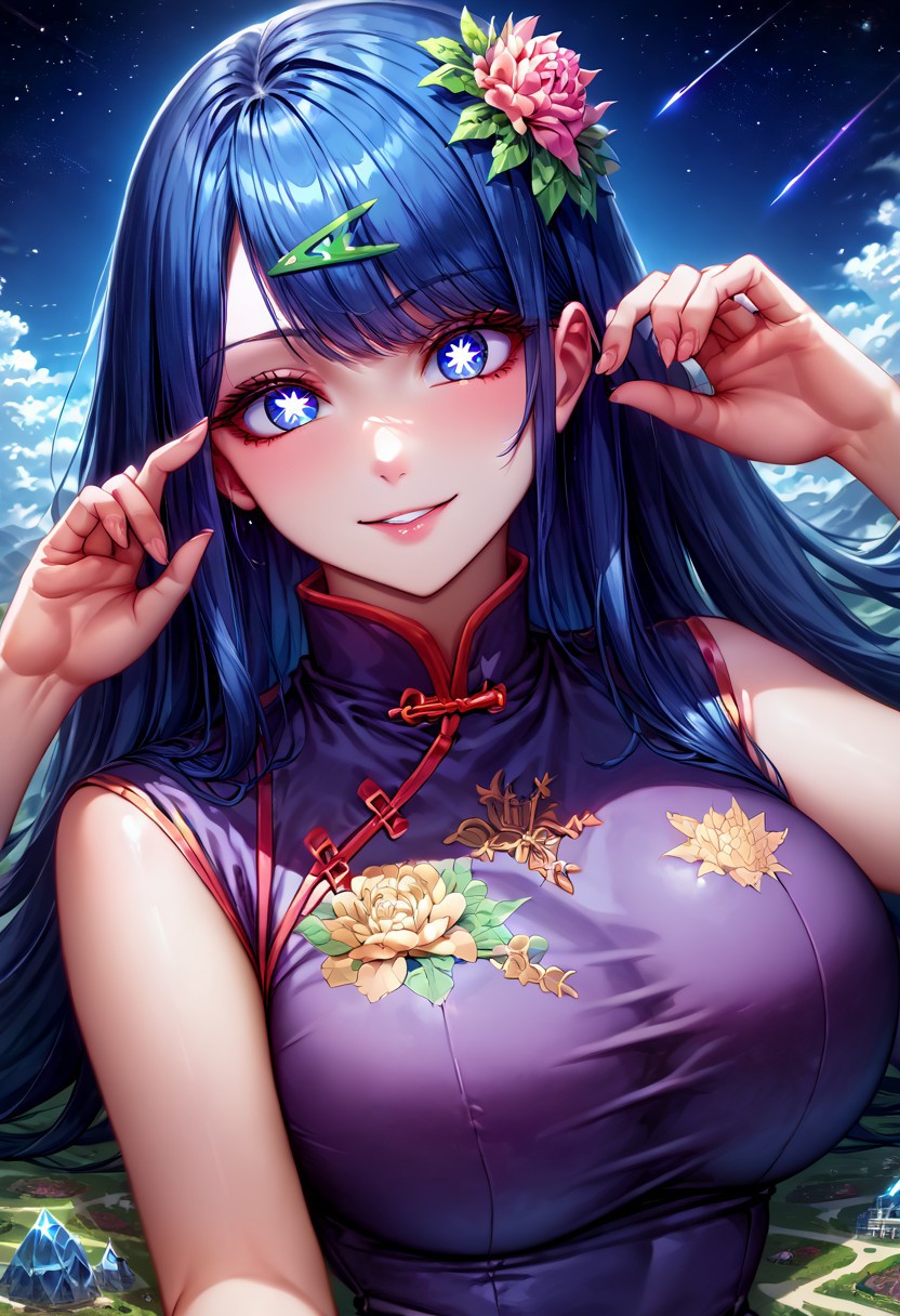 gorgeous lips, cinematic, (masterpiece), (best quality), (ultra-detailed), very aesthetic, perfect composition, intricate details, absurdres, detailed face, (anime, masterpiece, intricate:1.3), (best quality, hires textures, high detail:1.2), score_9, score_8_up, source_anime, 1girl, Liko, blue hair, short hair, green hairclip, blue eyes, very long hair, symbol-shaped pupils, crystals, flower crown, ruanyi0604, purple dress, china dress, floral print, stiletto high heels, large breasts, facial expression, loving, flirting, amused, smiling, head tilt, soft eyes, jvdaniang, goddess, planet size, giantess, giantess in space, in space, giant goddess, humongous body, lying down on planet, giantess lying down on planet, space, galaxies, small planets, floating objects, gradient eyes, beautiful detailed eyes, Side view, solo, (masterpiece:1.4), (best quality:1.4), (ultra-detailed:1.2), gl0w, glow, Extreme Size Difference,