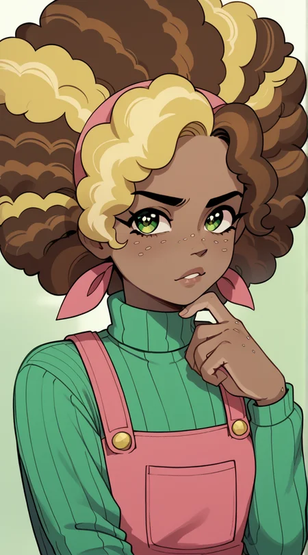 ((score_9)), score_8_up, score_7_up, high quality, masterpiece Lorelai, green eyes, dark-skinned female, freckles, curly hair, brown hair, green eyes, 1girl, multicolored hair, two-tone hair, big hair, afro, Casual Lorelai, turtleneck sweater, overalls, ribbed sweater <lora:Lorelai_Blyndeff:1>