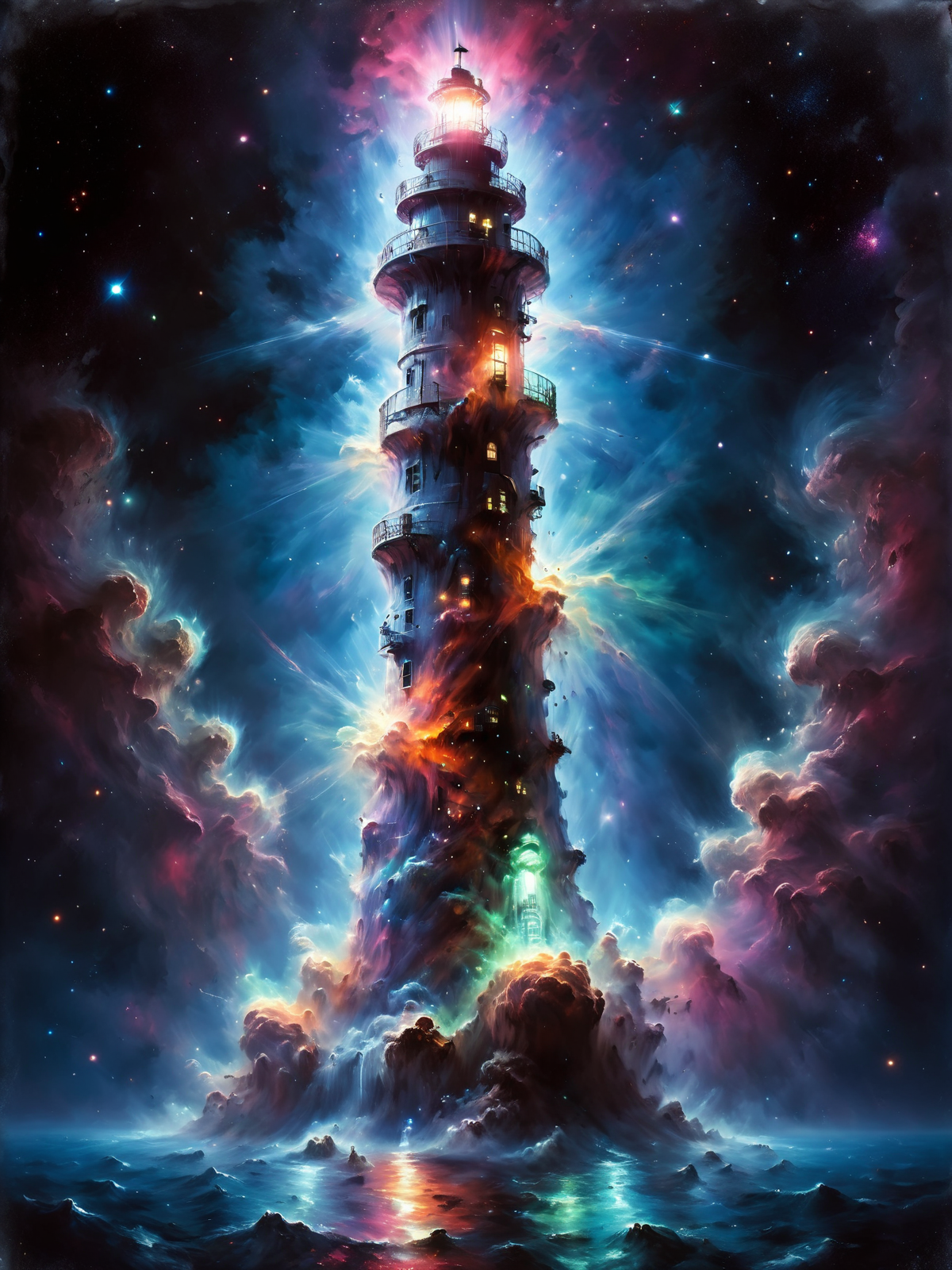 lighthouse in a mad-nbla, neon sign, bright lights, bright neon lights, <lora:Space_Nebula_Style_SDXL:0.8> <lora:John Berkey Style:0.8> John Berkey Style page, (masterpiece:1.2), best quality