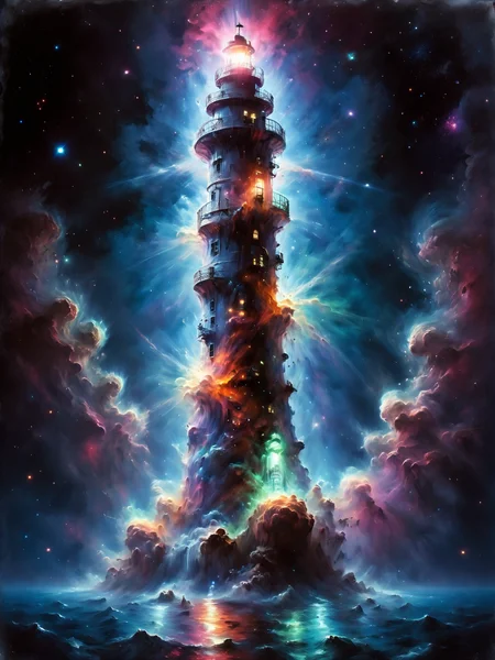 lighthouse in a mad-nbla, neon sign, bright lights, bright neon lights, <lora:Space_Nebula_Style_SDXL:0.8> <lora:John Berkey Style:0.8> John Berkey Style page, (masterpiece:1.2), best quality