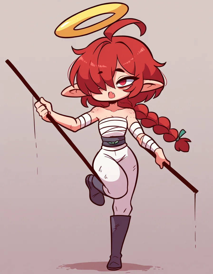 zPDXL, score_9, score_8_up, score_7_up, source_anime, 1girl, solo,
 <lora:diives_v2:1> diives, (portrait), <lora:Nullantwins:0.8> Lynn, red hair, red eyes, (bandage over one eye, hair over one eye), braided ponytail, halo, freckles, bags under eyes, jitome, ahoge, pointed ears, flat chest, skin fang, standing on one leg, samurai wearing a samurai armor, Steel armor chest piece with crane embroidery, samurai pants, metal kabuto helmet with elegant crane crest, lacquered leather boots