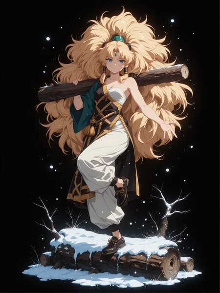 (black background, sssplashb, full body:1.4),  1girl, solo focus, monk, mature, Taru, tassel earrings, (hair tubes:1.3), (big hair:1.3), blonde hair, emerald eyes, detailed eyes, looking at viewer, hadanugi dousa, wide pants, kesa, monk shoes, single bare shoulder, black strap, standing on log, one leg up, one hand up, open palm, holding log, log on shoulder, dynamic pose,  snow, sidelighting, 