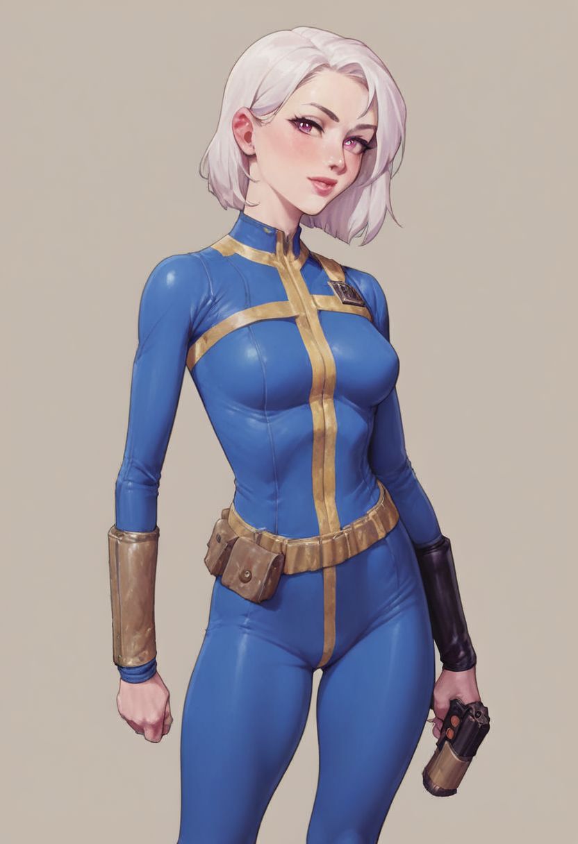 score_9, score_8_up, score_7_up,core_9, score_8_up, score_7_up, score_6_up, score_5_up, score_4_up fallout,vault uniform,1girl,solo,looking at viewer,pink eyes,white hair,lips,bodysuit,science fiction,holding gun, yellow utility belt, Leather armor,<lora:fallout_xl:0.8> <lora:add-detail-xl:0.6> [small:0.9] breasts,white skin, looking at viewer, lithe, BREAK, fallout, vault uniform, wasteland, pink eyes, 33, bldrnrblstr, holding a gun, wearing a Vault Suit, with Leather Armor, and a PipBoy on her wrist