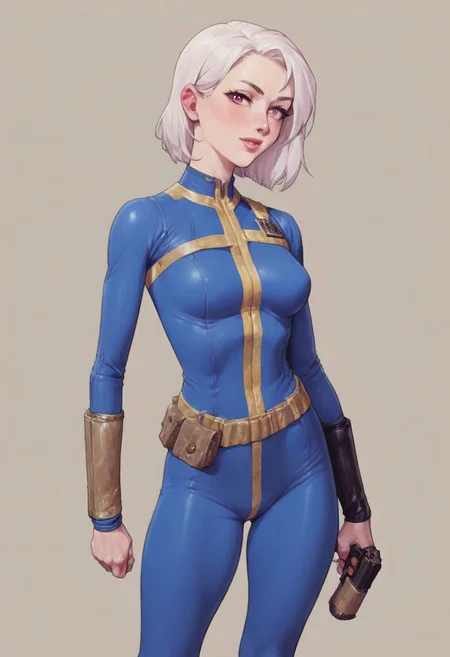 score_9, score_8_up, score_7_up,core_9, score_8_up, score_7_up, score_6_up, score_5_up, score_4_up fallout,vault uniform,1girl,solo,looking at viewer,pink eyes,white hair,lips,bodysuit,science fiction,holding gun, yellow utility belt, Leather armor,<lora:fallout_xl:0.8> <lora:add-detail-xl:0.6> [small:0.9] breasts,white skin, looking at viewer, lithe, BREAK, fallout, vault uniform, wasteland, pink eyes, 33, bldrnrblstr, holding a gun, wearing a Vault Suit, with Leather Armor, and a PipBoy on her wrist