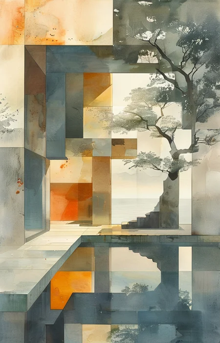 masterpiece,best quality,<lora:tbh308-sdxl:0.9>,illustration,designed by Steven Holl, Minimalist Japanese-inspired tea house by the sea, evoking the style of Tadao Ando