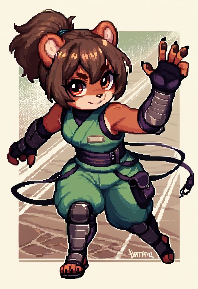 score_9, score_8_up, score_7_up, score_6_up, score_5_up, score_4_up, sprite sheet,  <lora:v1l4n0XLP:0.8> v1l4n0, pixel art, 1girl, short stack, full body, Anthro Tanuki, Ninja clothes, running,