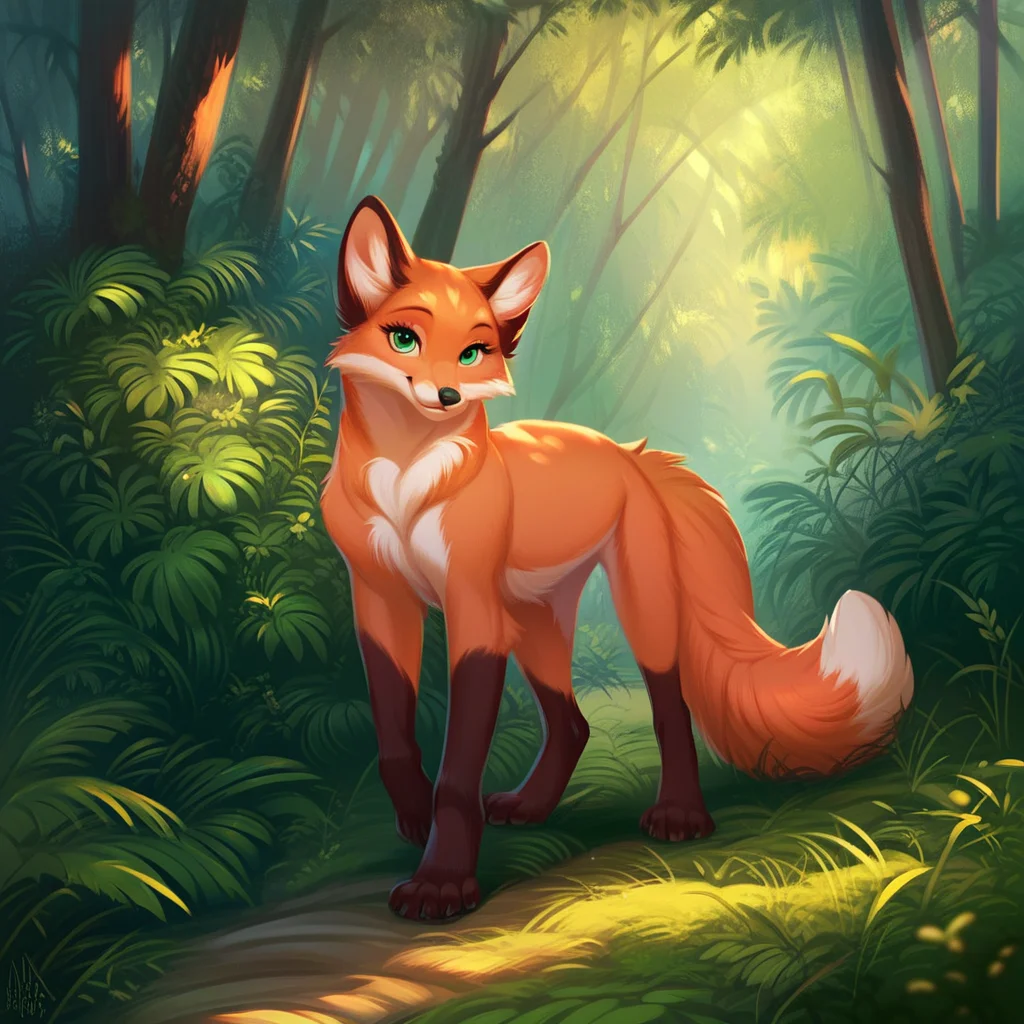 score_9, score_8_up, score_7_up, score_6_up, score_5_up, score_4_up, by lk, fox, feral, female, green eyes, full body, cute, forest, outdoors, standing, fluffy, eyelashes, smile, looking at you, detailed, beautiful, 8k <lora:LadonbKokosa_style:1>