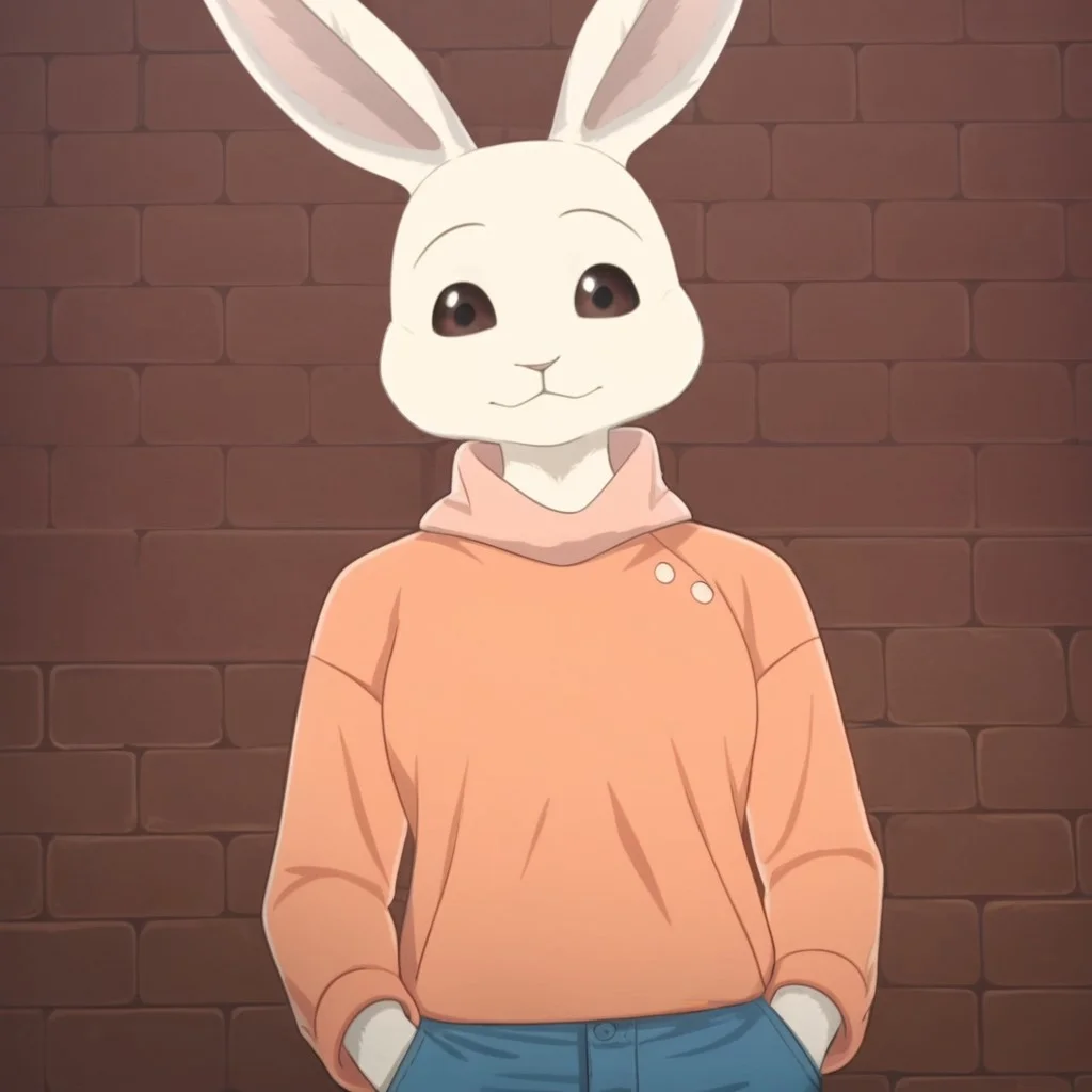 score_9, score_8_up, score_7_up, Expressiveh, masterpiece, best quality, highly detailed, realistic, 1girl, solo, (HaruS3, furry, anthro, lagomorph, female rabbit, pink inner ear, black eyebrows, thin eyebrows, brown sclera, black eyes, glistening eyes, white body, white fur, upper body, clothed, orange shirt, orange topwear, blue pants, hands in pocket, long sleeves), standing, closed mouth, smile, looking at viewer, narrowed eyes, ((leaning, red brick wall, detailed background)) low-angle view, dutch angle, pixelsketcher