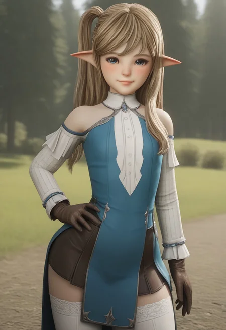 score_9, score_8_up, score_8_up,
1girl, kiki, short, cute pose, smiling, large eyes, blonde hair, pelvic curtain, one hand on hip, standing, elf ears, blushing, blue eyes, (Long medieval style shirt, long sleeves), (bare shoulder)s, (skirt), stockings, gloves,
BREAK
(((half body image from thighs up))), (forest background), 3d, partially covered in shadow, Rembrandt shadow style, nose shadow,