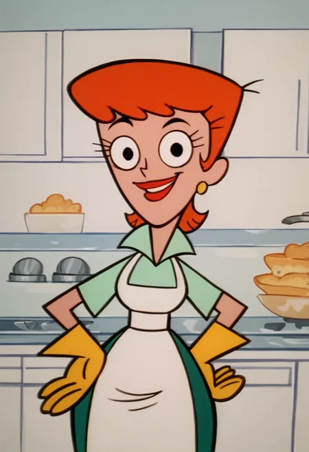 <lora:DextersMomPony1.0:1>dextersmom, solo, 1girl, aqua shirt, green pants, rubber gloves, orange hair, earrings, apron, short hair, smile, kitchen, lipstick, score_9, score_8_up, score_7_up, score_6_up, score_5_up, score_4_up, looking at viewer, hand on own hip, cowboy shot,