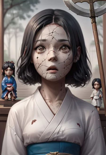 score_9, score_8_up, score_7_up, score_6_up, easynegative, masterpiece, the highest, perfecteyes, brown eyes, girl, kimono ,black hair, scythe, ,jewelry,geisha , fear, facial cracks,tears,porcelain body,doll,doll joints