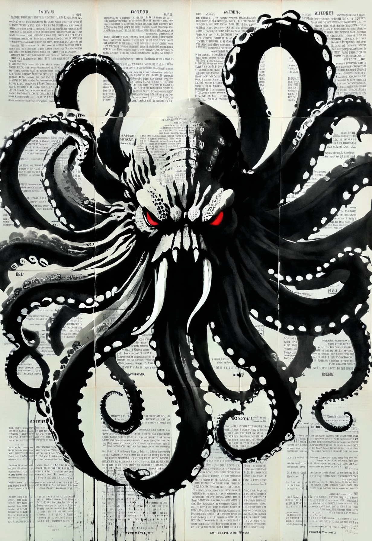 (by Loui Jover,traditional media, greyscale, monochrome, newspaper background:1.3), 
an awe-inspiring portrayal of a monstrous Cthulhu. Every line and brushstroke bursts with vibrant energy, showcasing the intricate details of the beast's menacing tentacles, adorned with striking shades of black and red. The image, most likely a dynamic and captivating painting, captures the essence of this legendary sea creature: its formidable power, dark allure, and undeniable presence. With meticulous precision, the artist masterfully captures the Kraken's fierce gaze and the intensity of its wrath, making this a mesmerizing and top-tier representation to behold
<lora:LOUIJOVER#SXDL1.0#by Loui Jover#v2.00#-000006-rs.sv_fro.0.999-nr.0128:1>