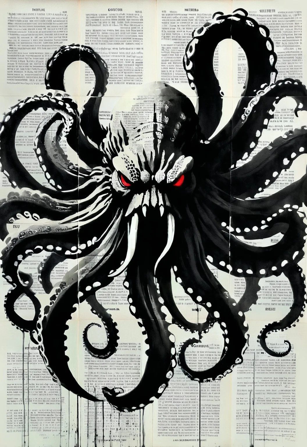 (by Loui Jover,traditional media, greyscale, monochrome, newspaper background:1.3),
an awe-inspiring portrayal of a monstrous Cthulhu. Every line and brushstroke bursts with vibrant energy, showcasing the intricate details of the beast's menacing tentacles, adorned with striking shades of black and red. The image, most likely a dynamic and captivating painting, captures the essence of this legendary sea creature: its formidable power, dark allure, and undeniable presence. With meticulous precision, the artist masterfully captures the Kraken's fierce gaze and the intensity of its wrath, making this a mesmerizing and top-tier representation to behold
<lora:LOUIJOVER#SXDL1.0#by Loui Jover#v2.00#-000006-rs.sv_fro.0.999-nr.0128:1>