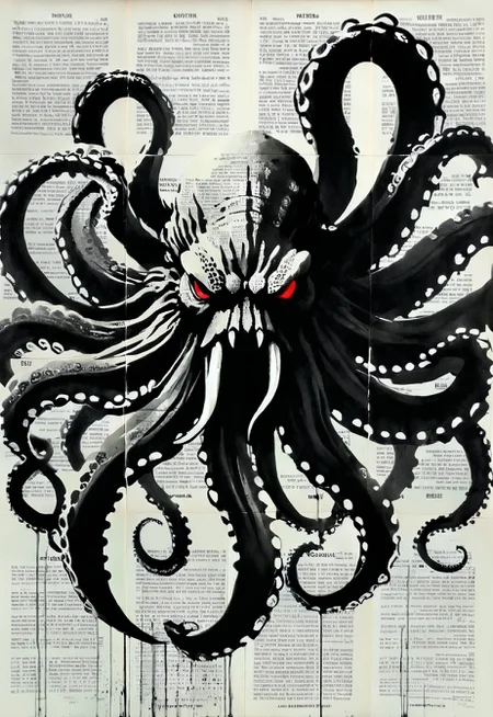 (by Loui Jover,traditional media, greyscale, monochrome, newspaper background:1.3), 
an awe-inspiring portrayal of a monstrous Cthulhu. Every line and brushstroke bursts with vibrant energy, showcasing the intricate details of the beast's menacing tentacles, adorned with striking shades of black and red. The image, most likely a dynamic and captivating painting, captures the essence of this legendary sea creature: its formidable power, dark allure, and undeniable presence. With meticulous precision, the artist masterfully captures the Kraken's fierce gaze and the intensity of its wrath, making this a mesmerizing and top-tier representation to behold
<lora:LOUIJOVER#SXDL1.0#by Loui Jover#v2.00#-000006-rs.sv_fro.0.999-nr.0128:1>