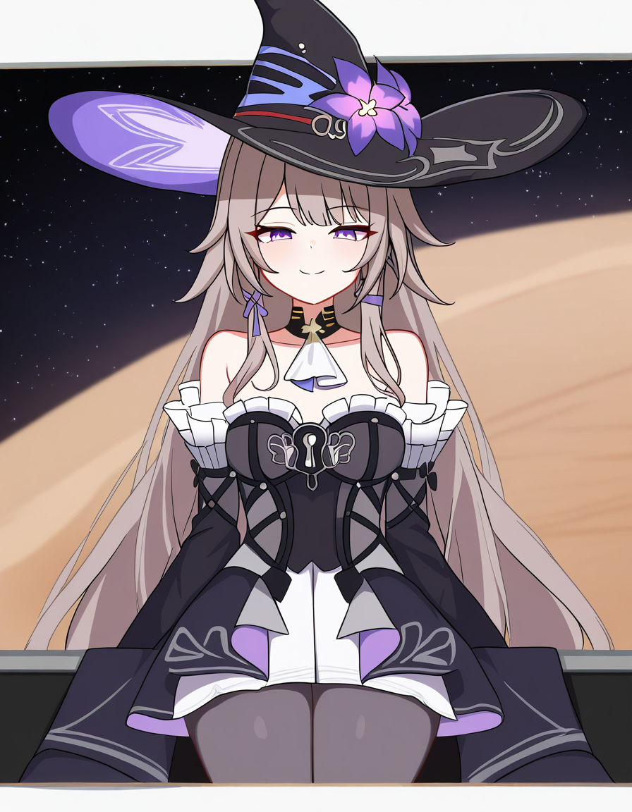 masterpiece, best quality, newest, absurdres, highres, safe,, <lora:the-herta-illustriousxl-lora-nochekaiser:1>, the herta, the herta (honkai: star rail), brown hair, long hair, purple eyes, medium breasts,, bare shoulders, black dress, black hat, detached sleeves, hat, hat flower, hat ornament, long sleeves, pantyhose, witch hat, observatory, telescope, stars, space, roof, , smug, looking at viewer, solo,, cowboy shot, solo