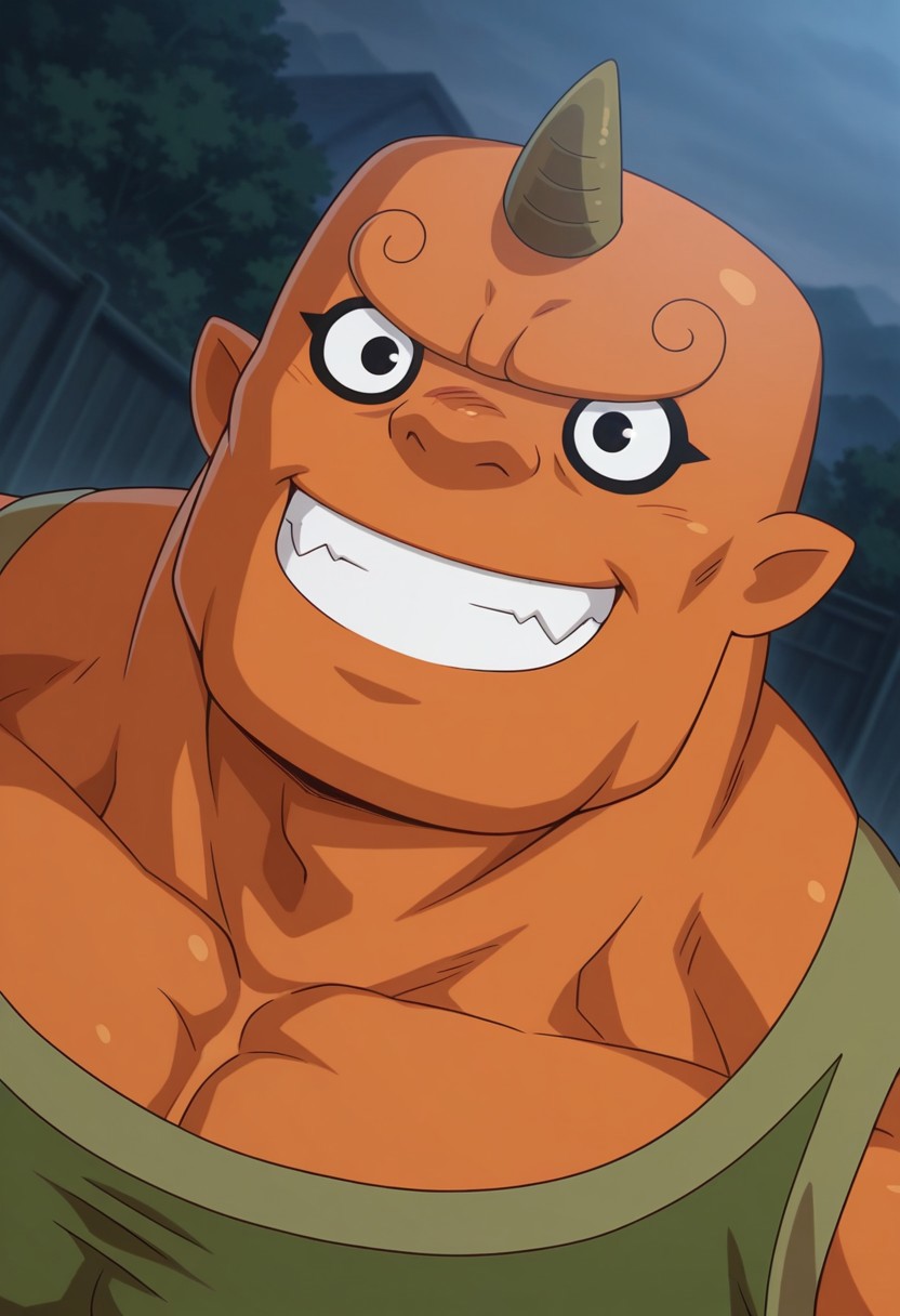 Sgt Burly, solo, single horn, oni, perfect eyes, perfect face, orange skin, black eyes, grin, muscular male, bara, manly, mature, large pectorals, dynamic angle, face focus, portrait, green tank top, yellow fingerless gloves, unparalleled masterpiece, best quality, amazing quality, very aesthetic, high resolution, 4K, extremely-detailed, depth of field, high sharpness, newest, scenery, detailed skin, detailed muscles, cinematic lighting, <lora:Sgt_Burly:0.9>