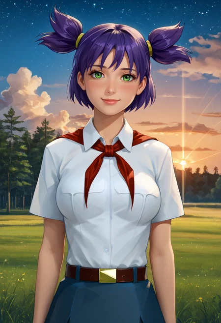 8k, 4k, 3d, realistic, realism,
score_9, score_8_up, score_7_up,
best quality, masterpiece, ultra detailed,
162 cm height, 18 years old,
<lora:Expressive_H:1>, light smile, (blush:1.3), closed mouth, lips, nose, mature,
bokeh, blur, blurry background,
looking at viewer, portrait, dynamic pose, upperbody,
<lora:Everlasting_Summer_Lena_by_GraffMetal_V1.2:1>, lena, purple hair, green eyes, short hair, short twintails, twintails, two side up, bangs, solo, large breasts,
detailed image, high quality detailed, UHD, beautiful art UHD, bokeh, DSLR, soft lighting, high quality, film grain, Fujifilm XT, fine-tuned details, style of Jovana Rikalo,
white collared shirt, short sleeves, red neckerchief, neckerchief, belt, blue skirt, school outfit, short skirt,
amazing background, outdoors, nature, sunset, cozy, star, stars, cloud, clouds, sky, wind,
<lora:Everlasting_Summer_Vanilla_Art_Style_by_GraffMetal:0.7>,
<lora:Everlasting_Summer_Vanilla_Backgrounds_by_GraffMetal:0.7>,
