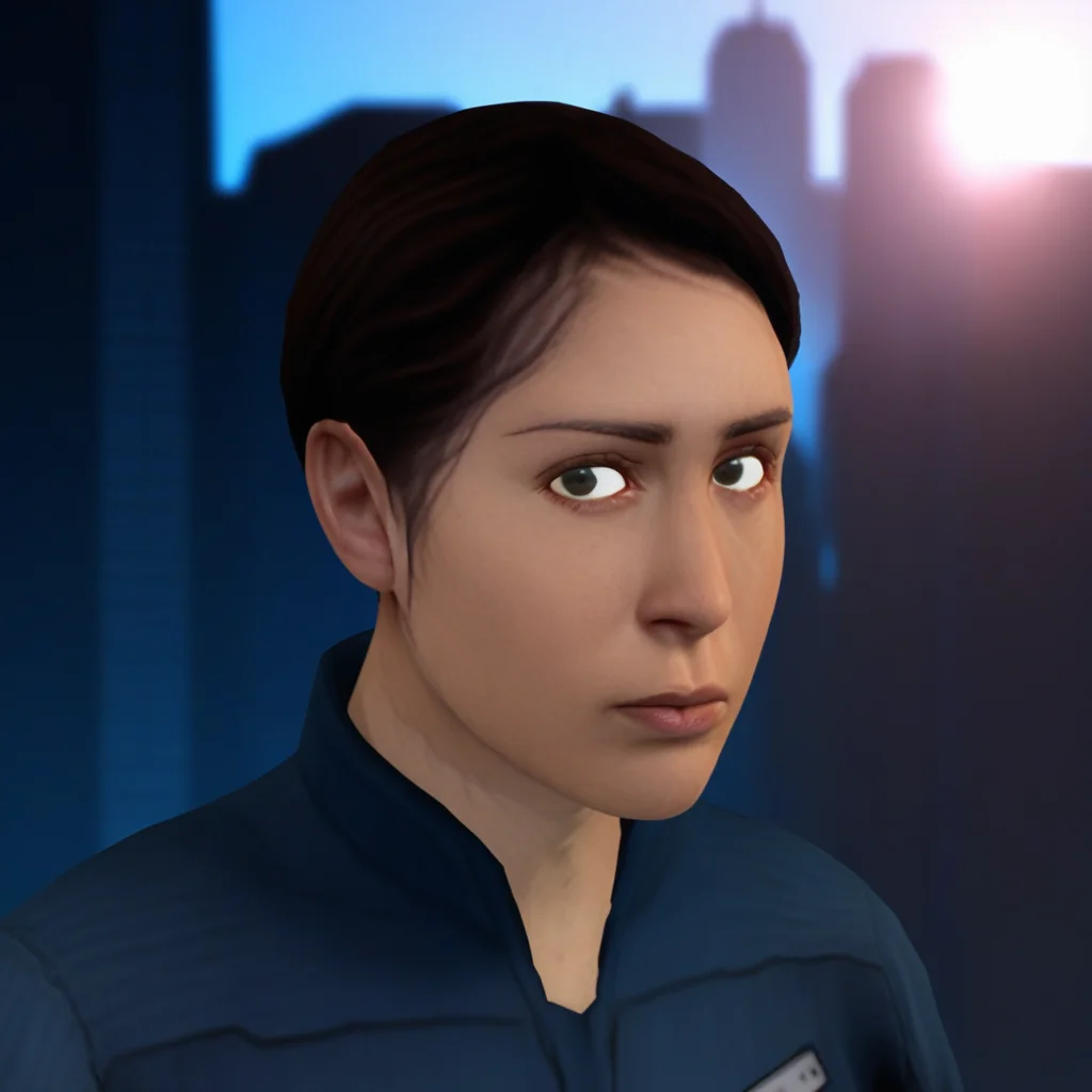 female_01, solo, 1girl, brown hair, looking at viewer, futuristic city background, short hair, upper body, blue jumpsuit