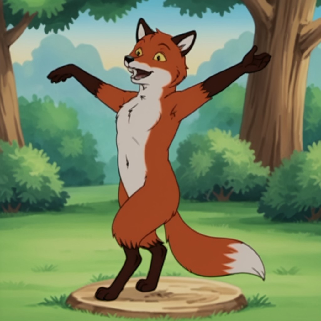 score_9, score_8_up, score_7_up, score_6_up, score_5_up, score_4_up, source_furry, foxfrnkln, semi-anthro, male, fox, red-orange fur, yellow sclera, black eyes, outside, dancing, in a forest