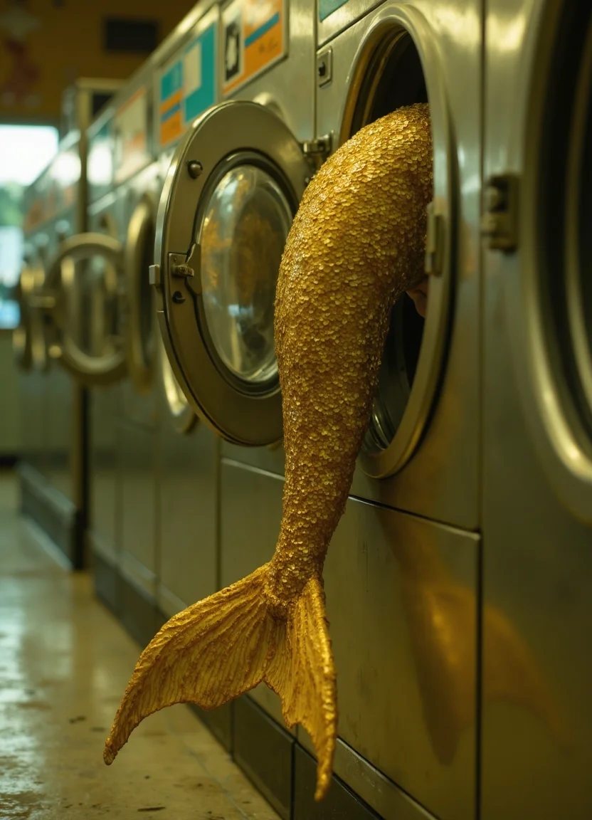 cinematic film still The image depicts a mermaid tail hanging inserted from a laundry facility's washing machine.
This image showcases a realistic depiction of a mermaid tail, complete with intricate scales and vibrant colors, as it is inserted into a washing machine at a laundromat. The mermaid tail is a striking golden-yellow hue, while the surrounding environment features a warm, earthy color scheme that adds to the overall sense of realism.
The image captures a whimsical moment in time, blending fantasy and everyday life in an unexpected yet captivating way. The use of realistic textures and colors creates a convincing illusion, making it seem as though the mermaid tail has truly been inserted into the washing machine. . shallow depth of field, vignette, highly detailed, high budget, bokeh, cinemascope, moody, epic, gorgeous, film grain, grainy