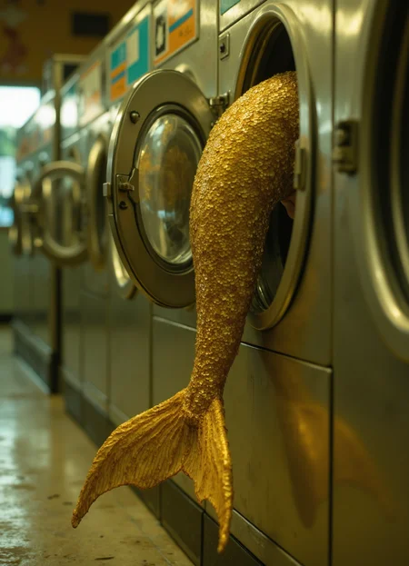 cinematic film still The image depicts a mermaid tail hanging inserted from a laundry facility's washing machine.
This image showcases a realistic depiction of a mermaid tail, complete with intricate scales and vibrant colors, as it is inserted into a washing machine at a laundromat. The mermaid tail is a striking golden-yellow hue, while the surrounding environment features a warm, earthy color scheme that adds to the overall sense of realism.
The image captures a whimsical moment in time, blending fantasy and everyday life in an unexpected yet captivating way. The use of realistic textures and colors creates a convincing illusion, making it seem as though the mermaid tail has truly been inserted into the washing machine. . shallow depth of field, vignette, highly detailed, high budget, bokeh, cinemascope, moody, epic, gorgeous, film grain, grainy