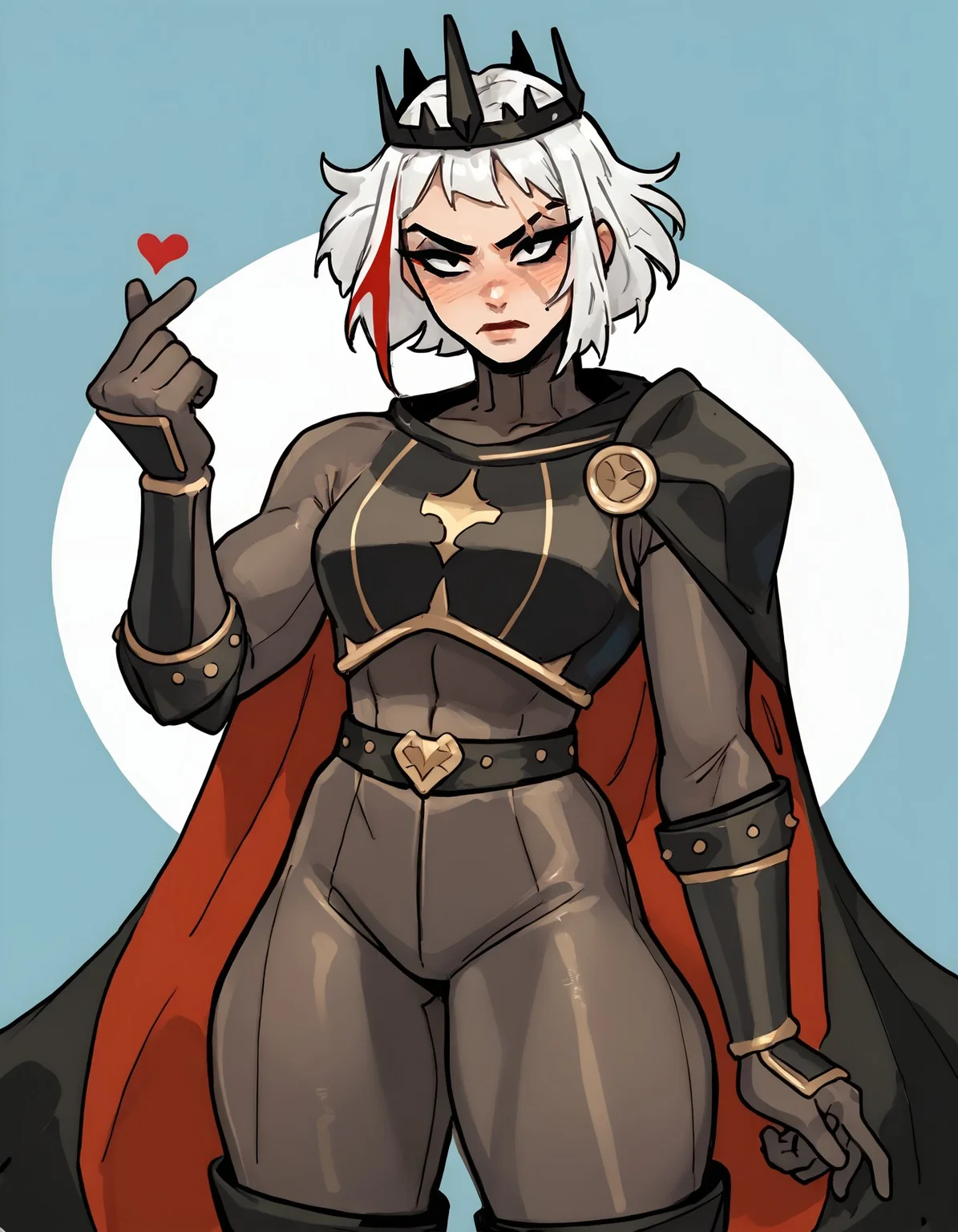 score_9, score_8_up, score_7_up, score_6_up BREAK, finger heart, hearts, blush, 1girl, solo, short hair, white hair, multicolored hair, makeup, scar, crown, armor, gloves, bracers, bodysuit, cape, thick thighs, <lora:Ulfger_PDXL:0.6> <lora:add-detail-xl:0.3> <lora:officialpit_v2-8:1> <lora:finger_heart_korean:0.8>